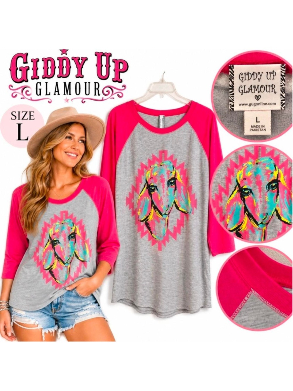 Giddy Up Glamour Goat Graphic Raglan Baseball Tee Pink Gray Size Large
